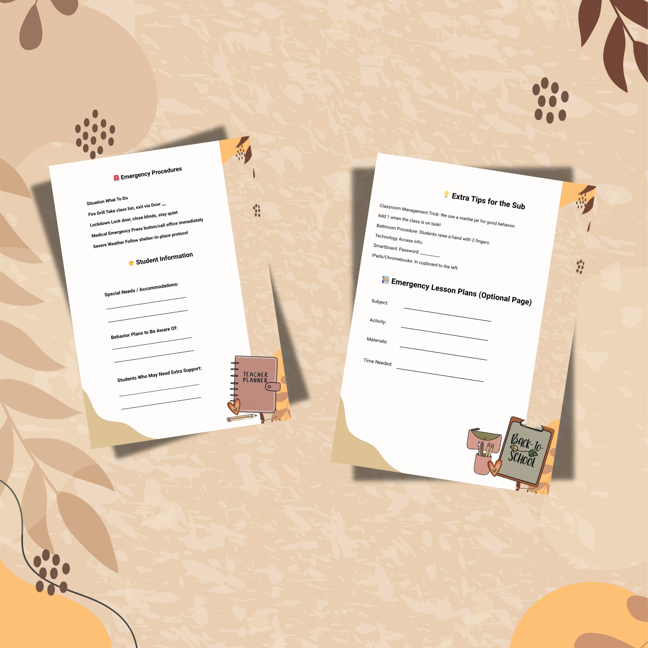 Teacher Emergency Substitute Kit Printable PDF