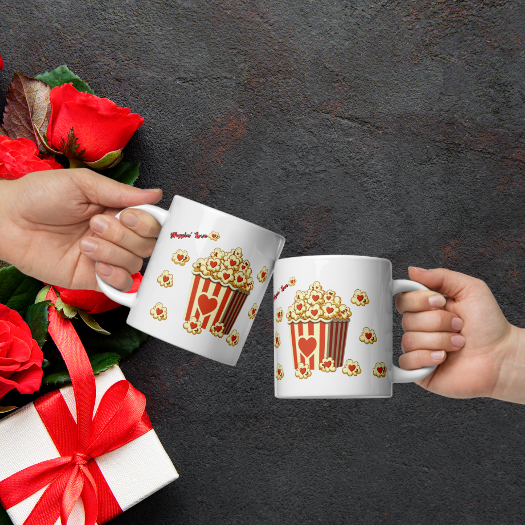 Popping Love" Valentine’s Ceramic Mug – Retro Popcorn & Hearts Design
