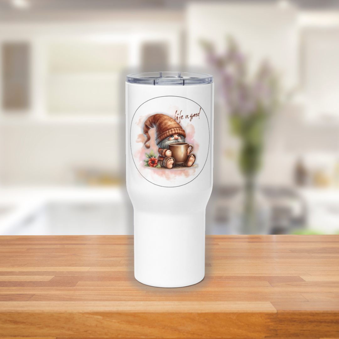 Whimsical Fall Gnome Travel Mug – “Life is Good” Autumn Design