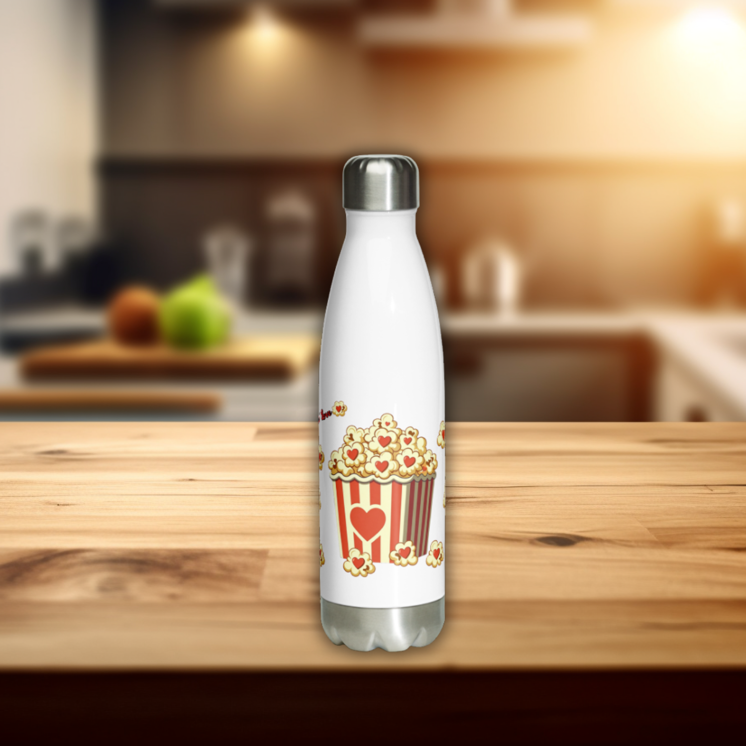 Popping Love" Valentine’s Water Bottle – Cute Popcorn & Hearts Design