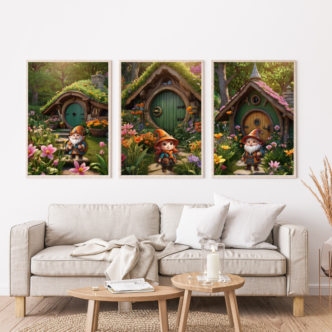 Whimsical Hobbit House & Gnomes Wall Art Set | Magical Autumn Home Decor