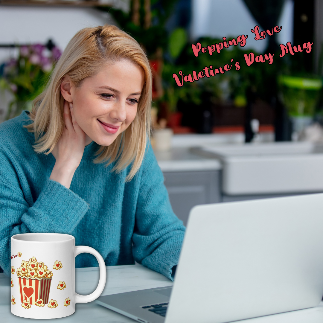 Popping Love" Valentine’s Ceramic Mug – Retro Popcorn & Hearts Design