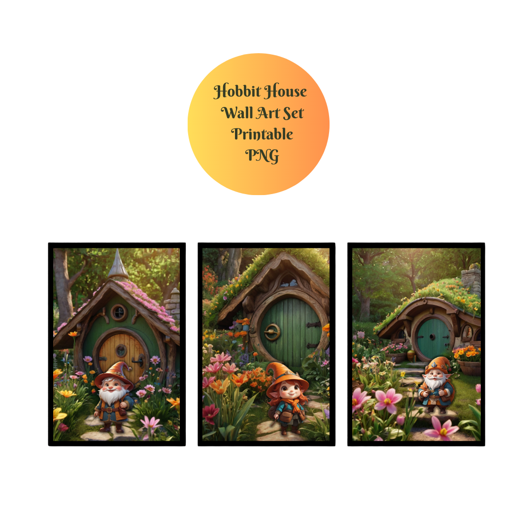 Whimsical Hobbit House & Gnomes Wall Art Set | Magical Autumn Home Decor