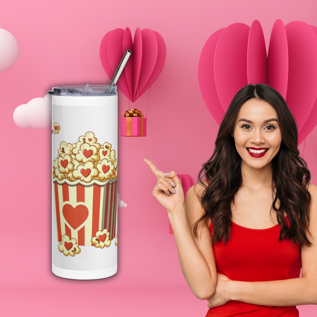 Popping Love" 20oz Insulated Tumbler – Cute Popcorn & Valentine Heart Design