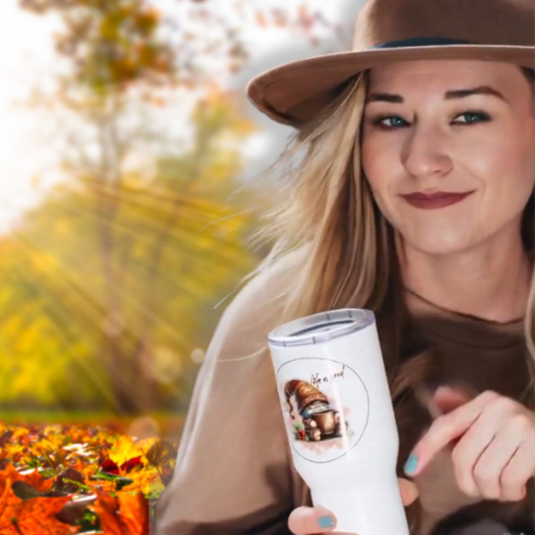 Whimsical Fall Gnome Travel Mug – “Life is Good” Autumn Design