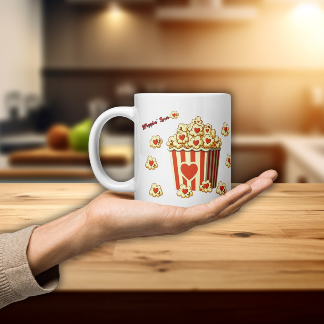 Popping Love" Valentine’s Ceramic Mug – Retro Popcorn & Hearts Design