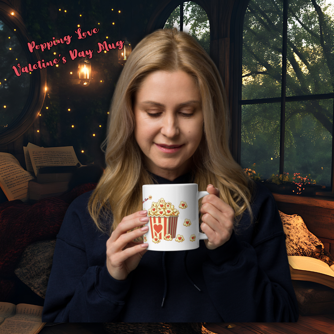 Popping Love" Valentine’s Ceramic Mug – Retro Popcorn & Hearts Design