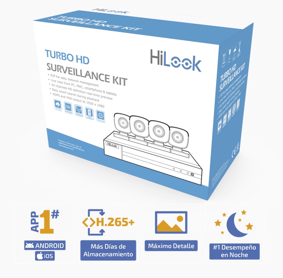 KIT TurboHD 1080p / DVR 4 canales / 4 Cámaras Bala de Metal / H.265+ / 1 Fuente de Poder Profesional / Accesorios de Instalación