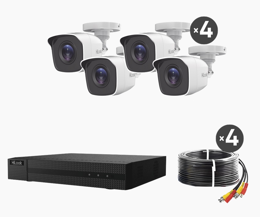 KIT TurboHD 1080p / DVR 4 canales / 4 Cámaras Bala de Metal / H.265+ / 1 Fuente de Poder Profesional / Accesorios de Instalación