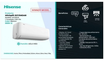 Minisplit Hisense AC122CK, Minisplit, Enfriamiento, 1 TON