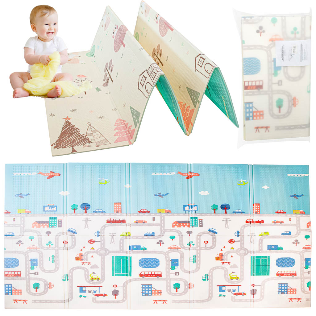 Mokomasis kilimėlis (sulankstomas dvipusis porolonas). MIŠKAS/GATVĖ SU MĖLYNU DANGUM 150cm x 190cm