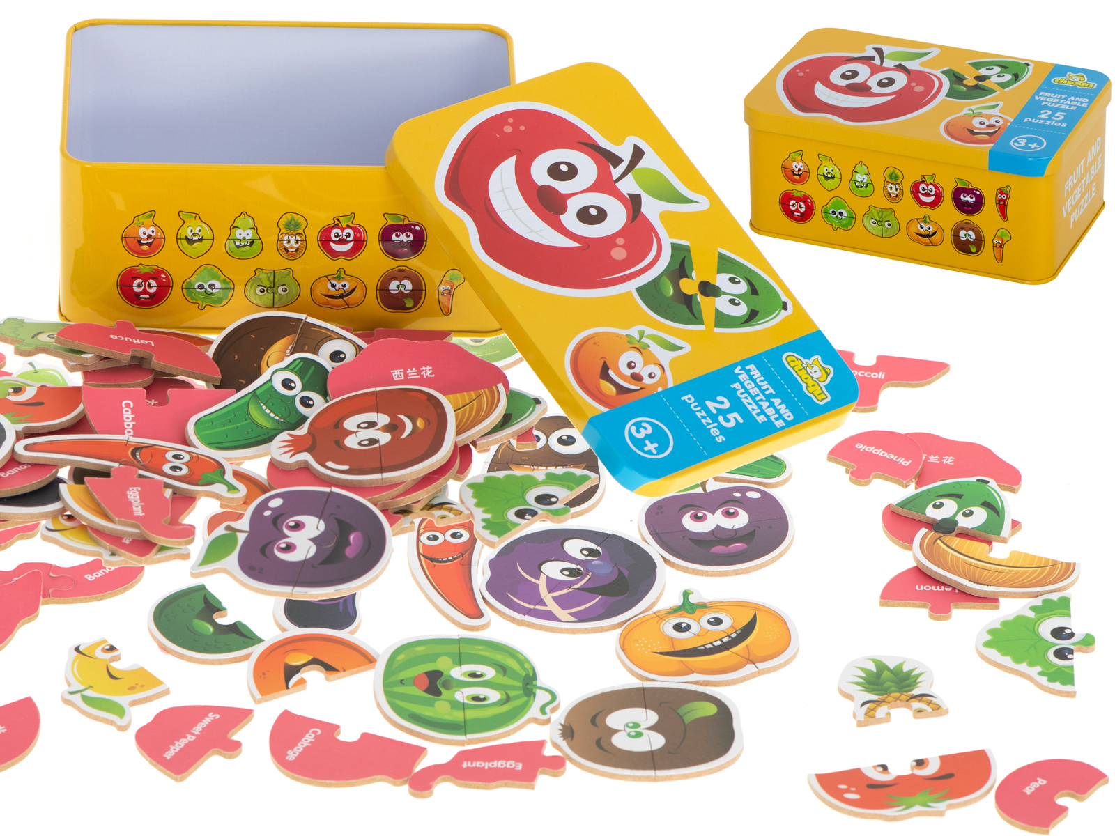 Vaisių ir daržovių dėlionės metalinėje dėžutėje.