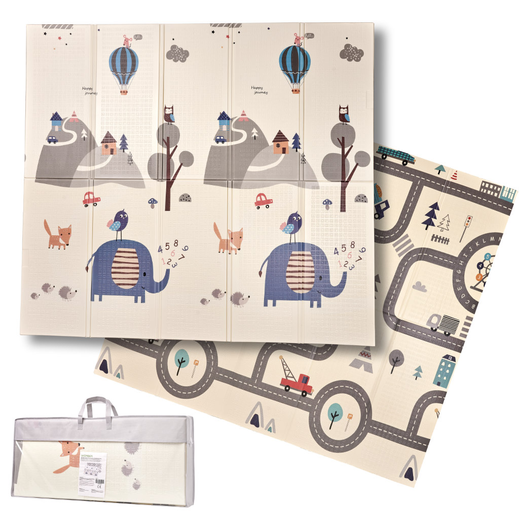 Mokomasis sulankstomas porolono kilimėlis dvipusis 180 X 200cm PILKA GATVĖ/MIŠKAS SU MĖLYNAIS DRAMBLIUKAIS