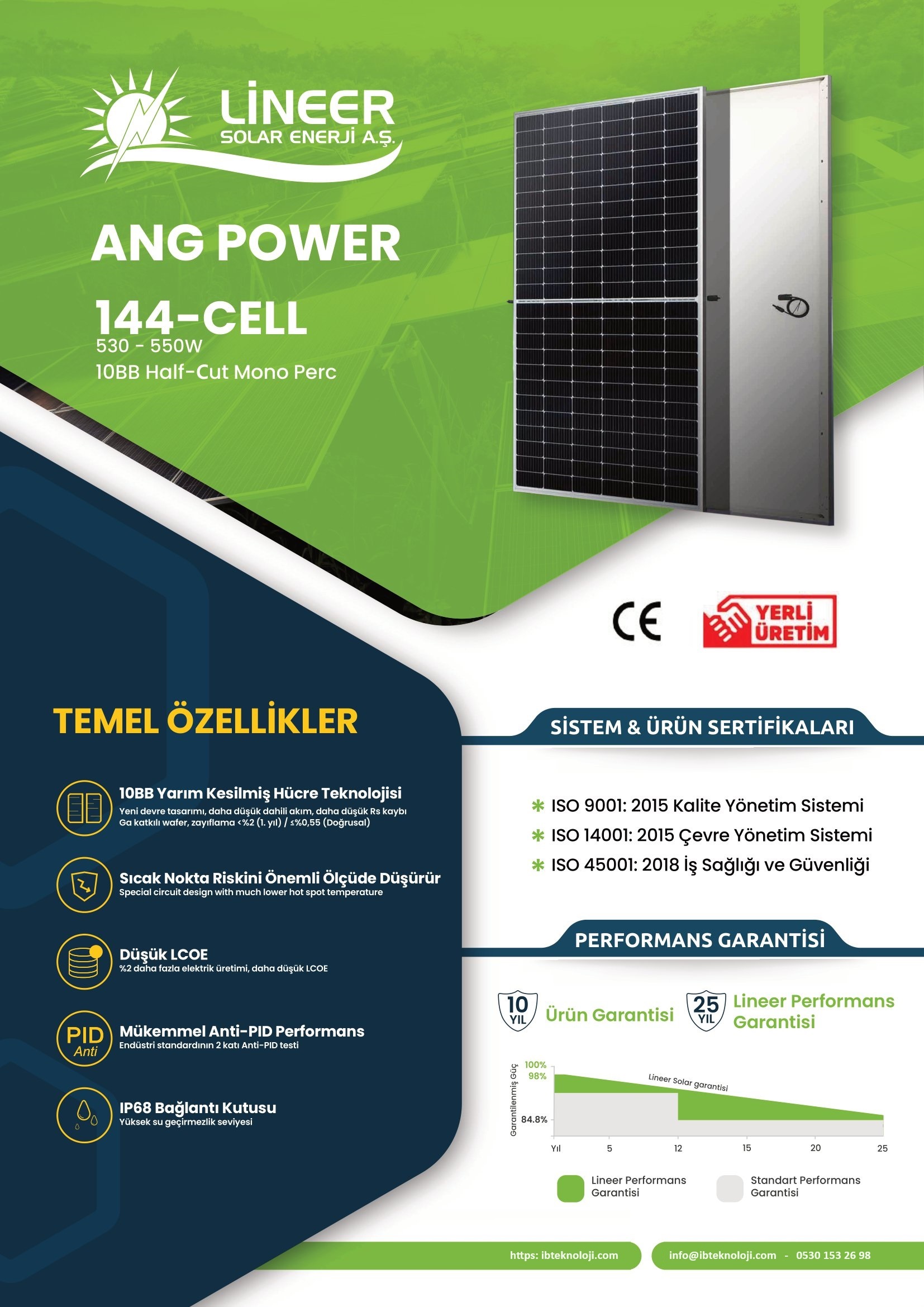 Lineer Solar 550 W 10BB Half-Cut Mono Perc 144-CELL GÜNEŞ PANELİ
