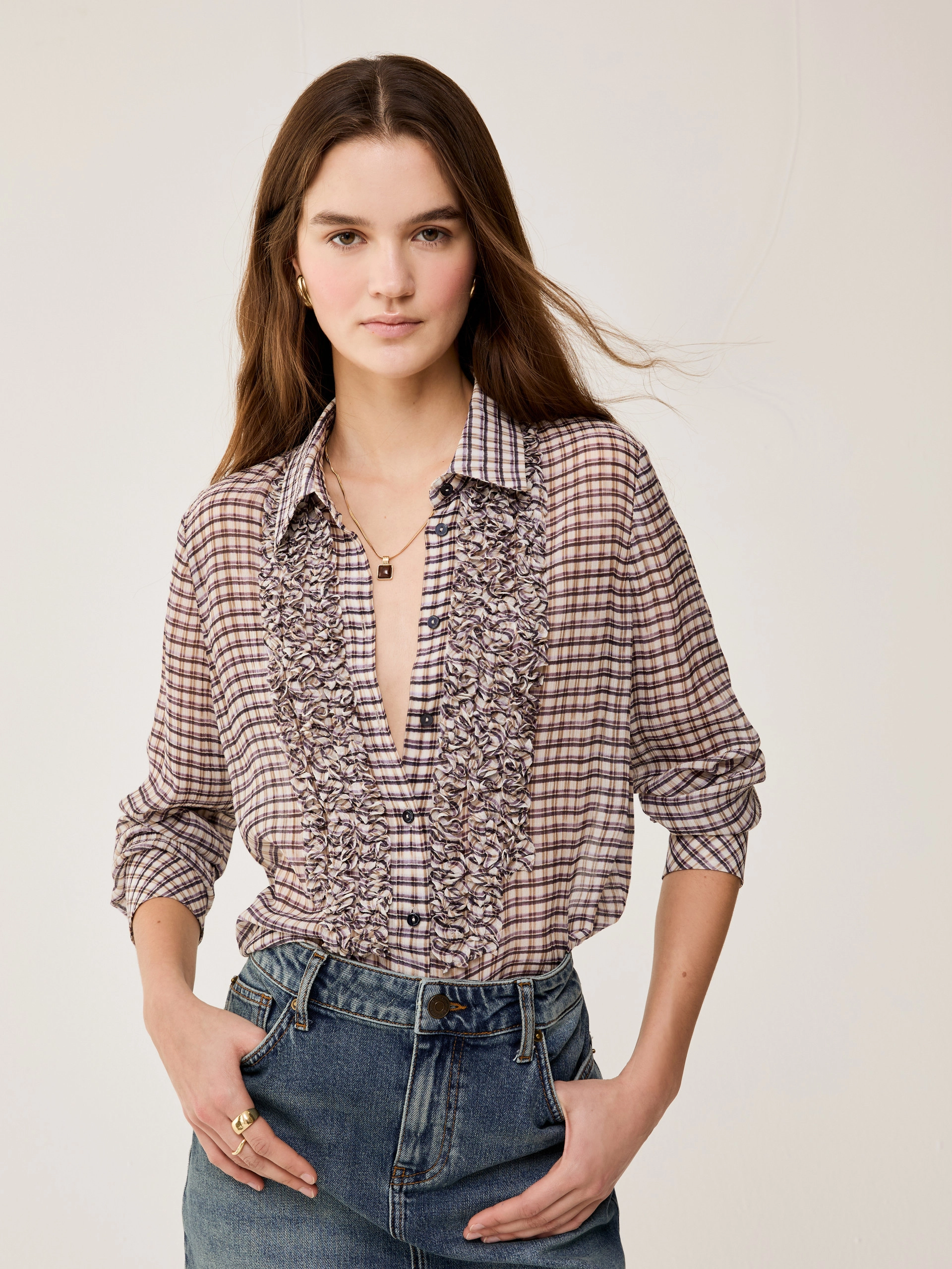 Camicia in crépon con ruches