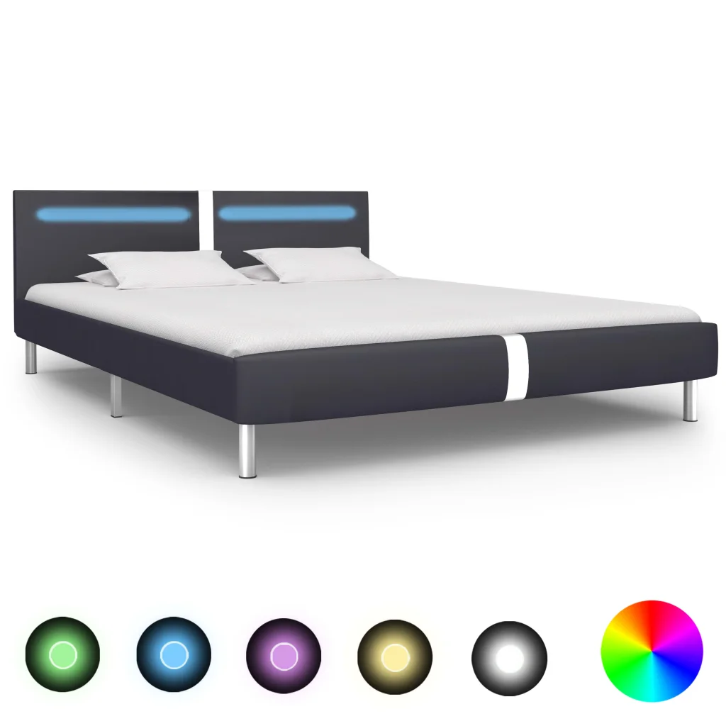Lovos rėmas su LED, 180x200 cm, dirbtinė oda, spalvos: juoda / balta / pilka