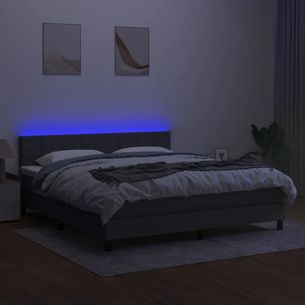 Lova su spyruoklėmis/čiužiniu/LED, 180x200 cm, audinys, pilka / juoda