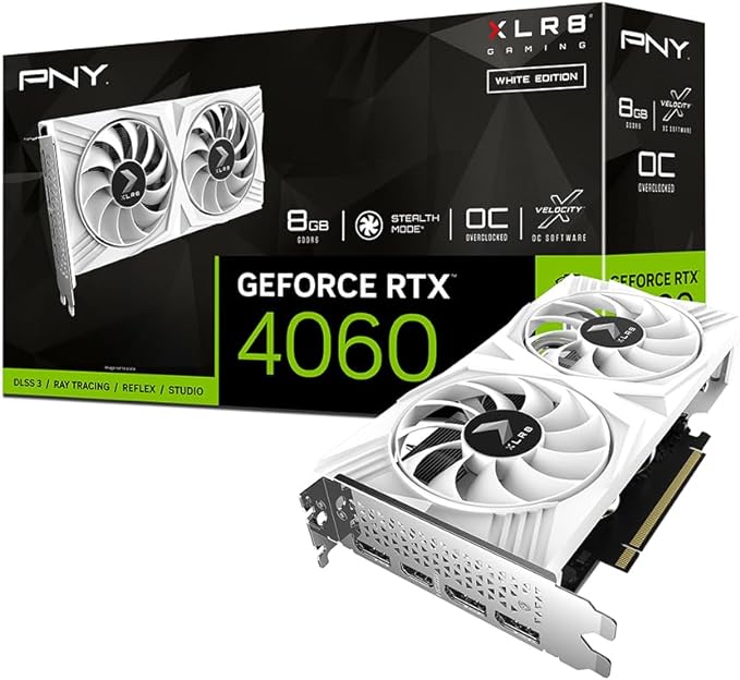 PNY Tarjeta Grafica GeForce RTX™ 4060 8GB XLR8 Gaming Verto Dual Fan OC White Edition DLSS 3
