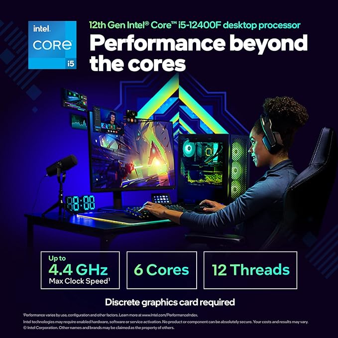 Intel Core i5-12400F, procesador para equipos de sobremesa de 12a generación; Frecuencia base 2.5 GHz, 6 núcleos, LGA1700, RAM DDR4 y hasta 128 GB DDR5