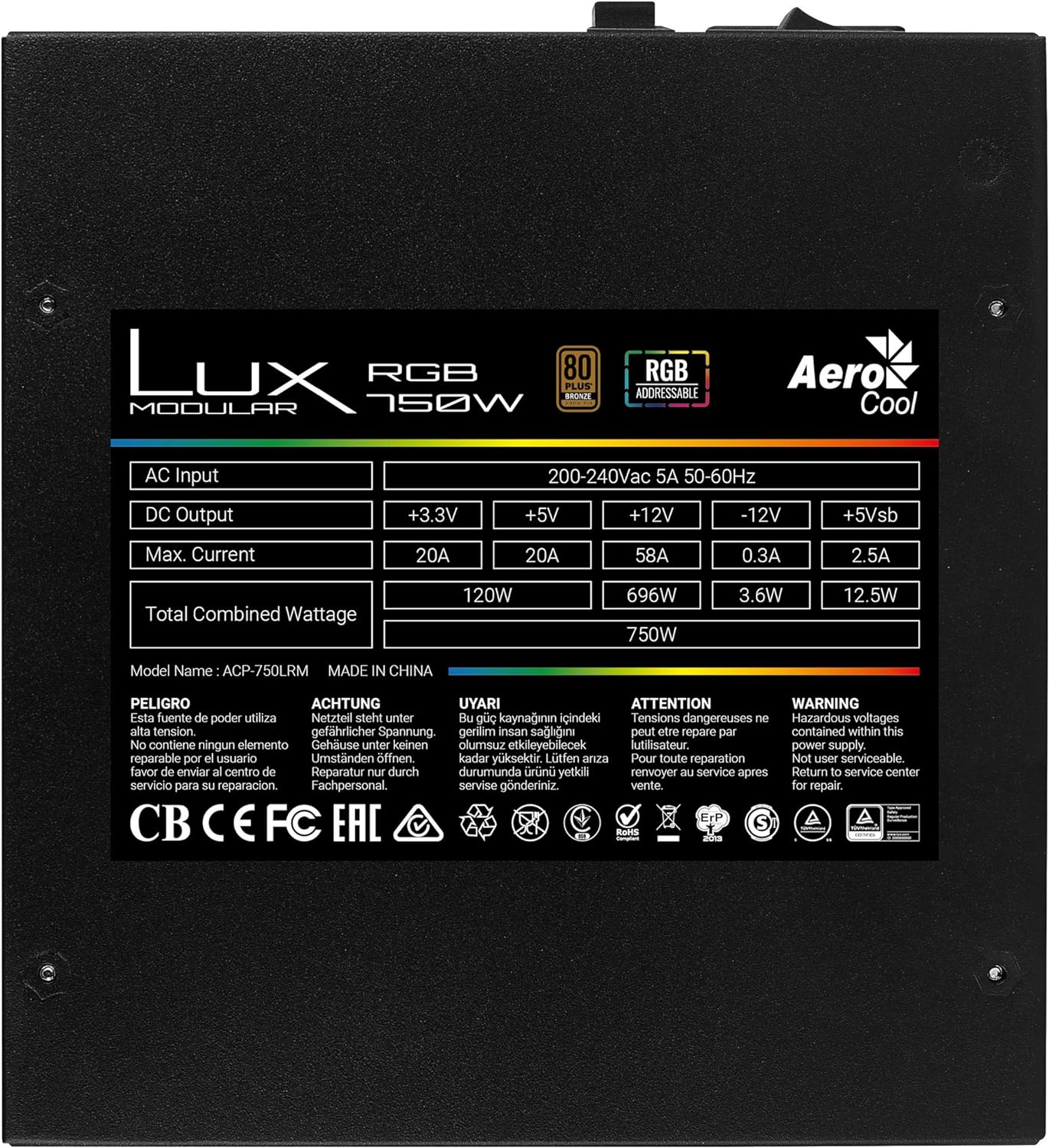 Aerocool LUX, fuente de alimentación 750W, Prism RGB, modular, 80Plus Bronze
