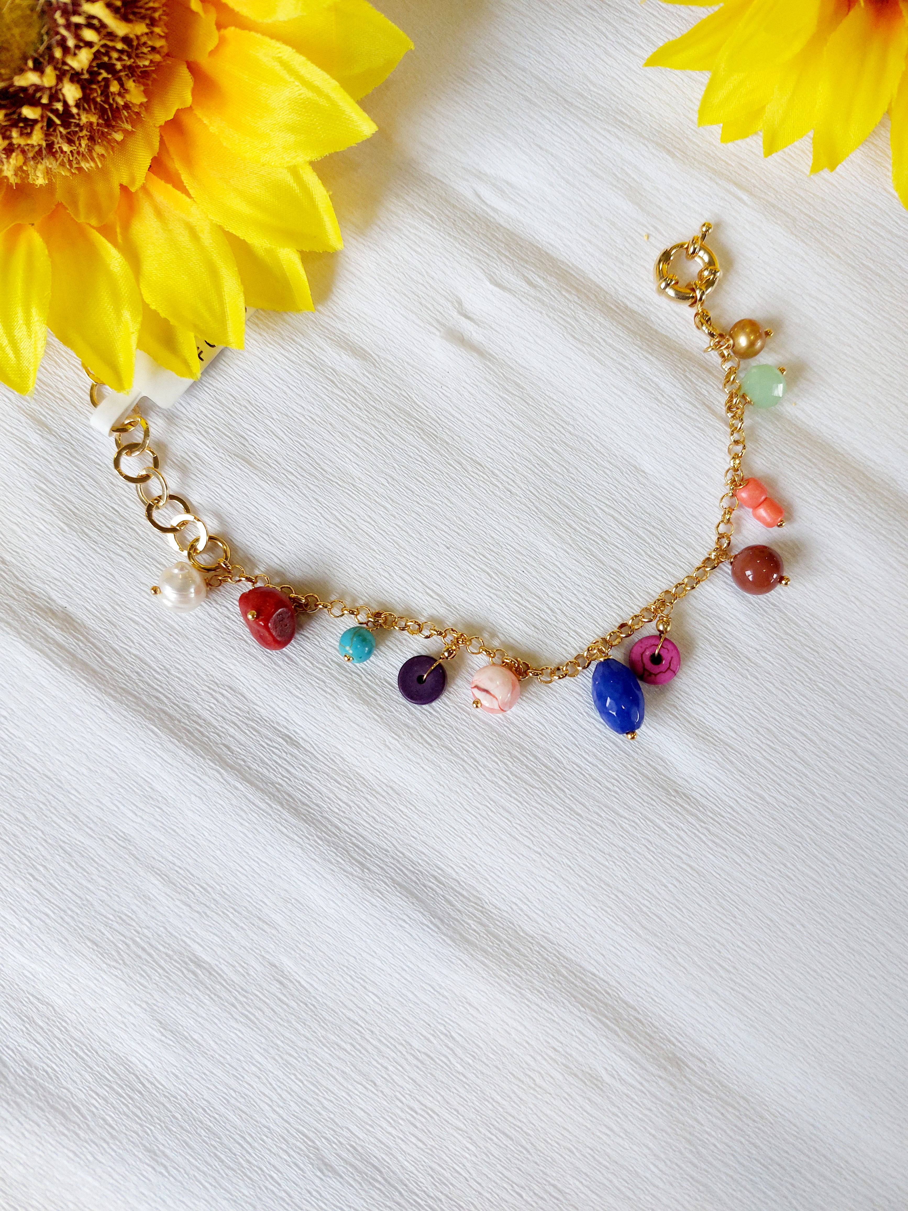 Pulseira Elo Português e Pedras Variadas