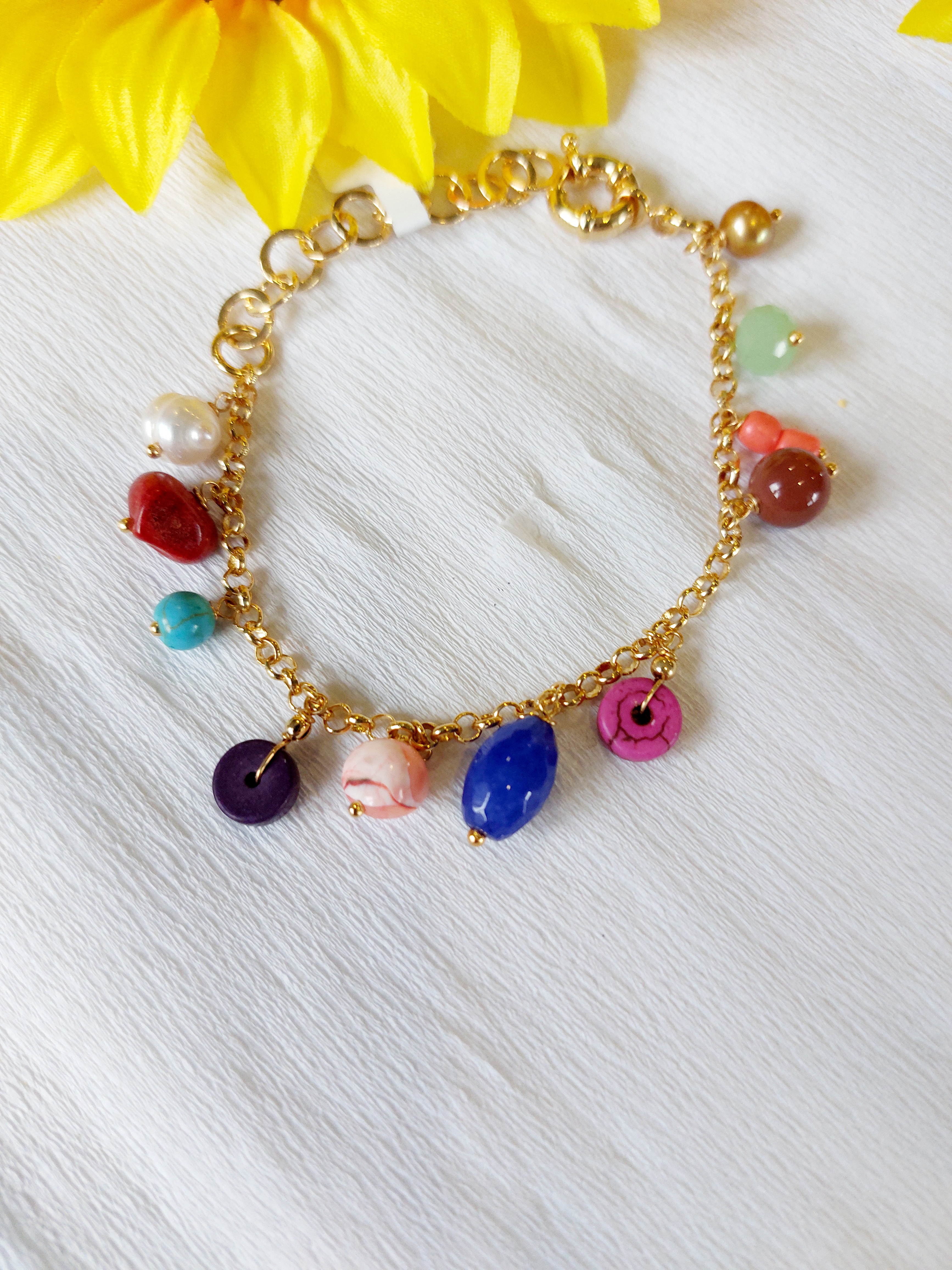 Pulseira Elo Português e Pedras Variadas