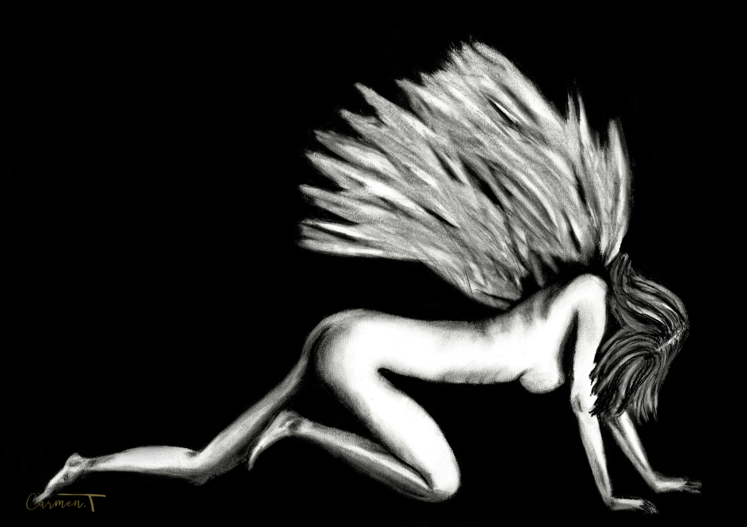 Fallen Angel Dark Night of the Soul Charcoal Drawing 