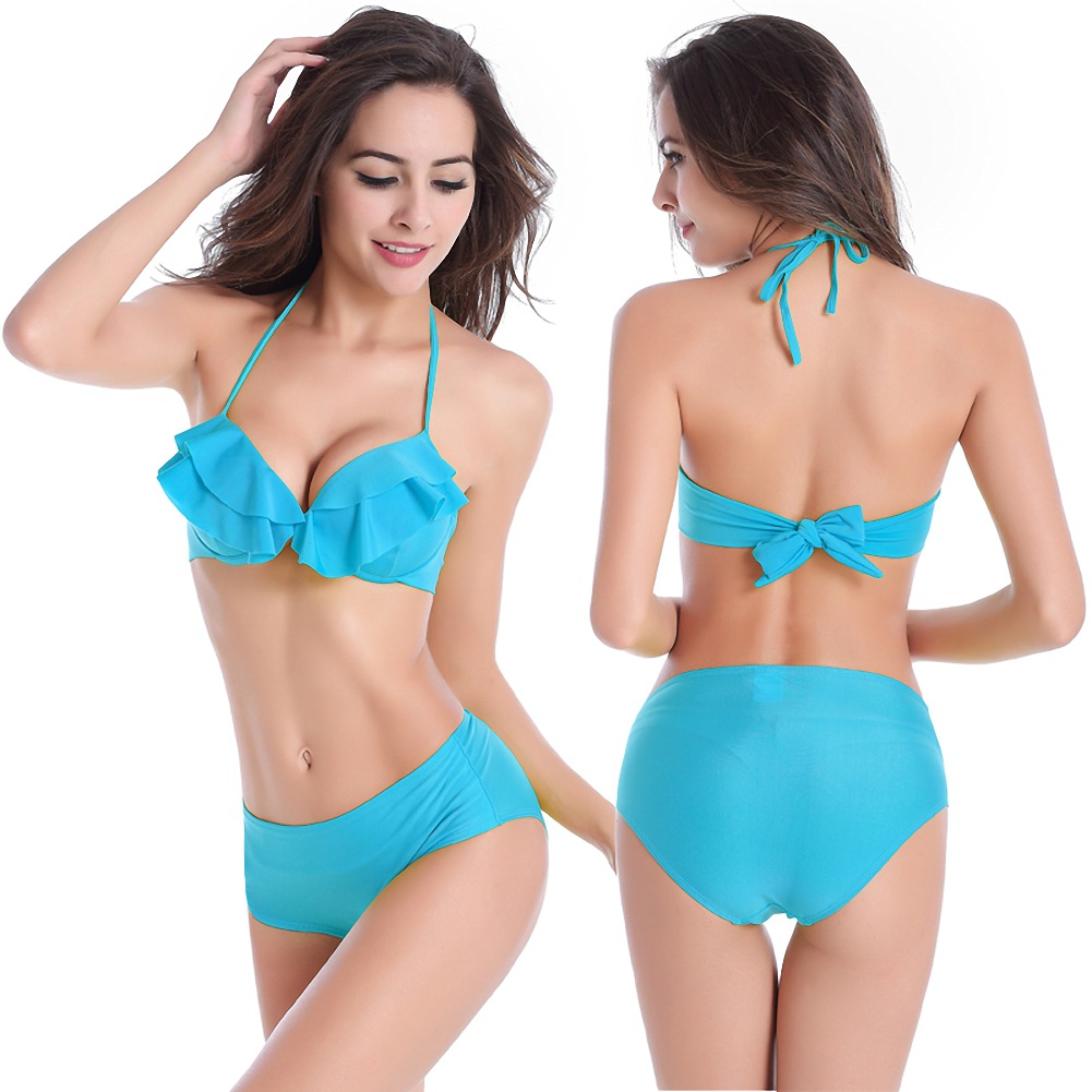 High Quality Small Flounced Top Unwired Cup Women's Sexy High Waist Bikini Set