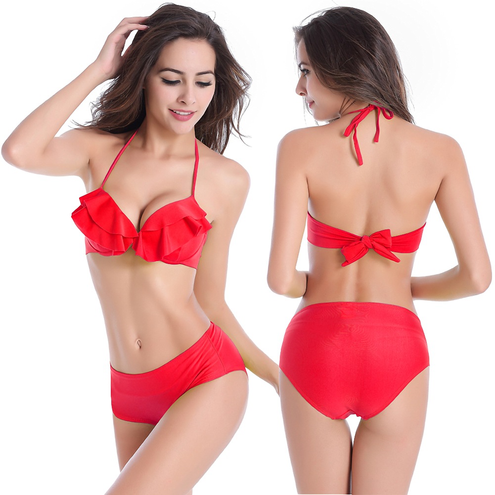 High Quality Small Flounced Top Unwired Cup Women's Sexy High Waist Bikini Set