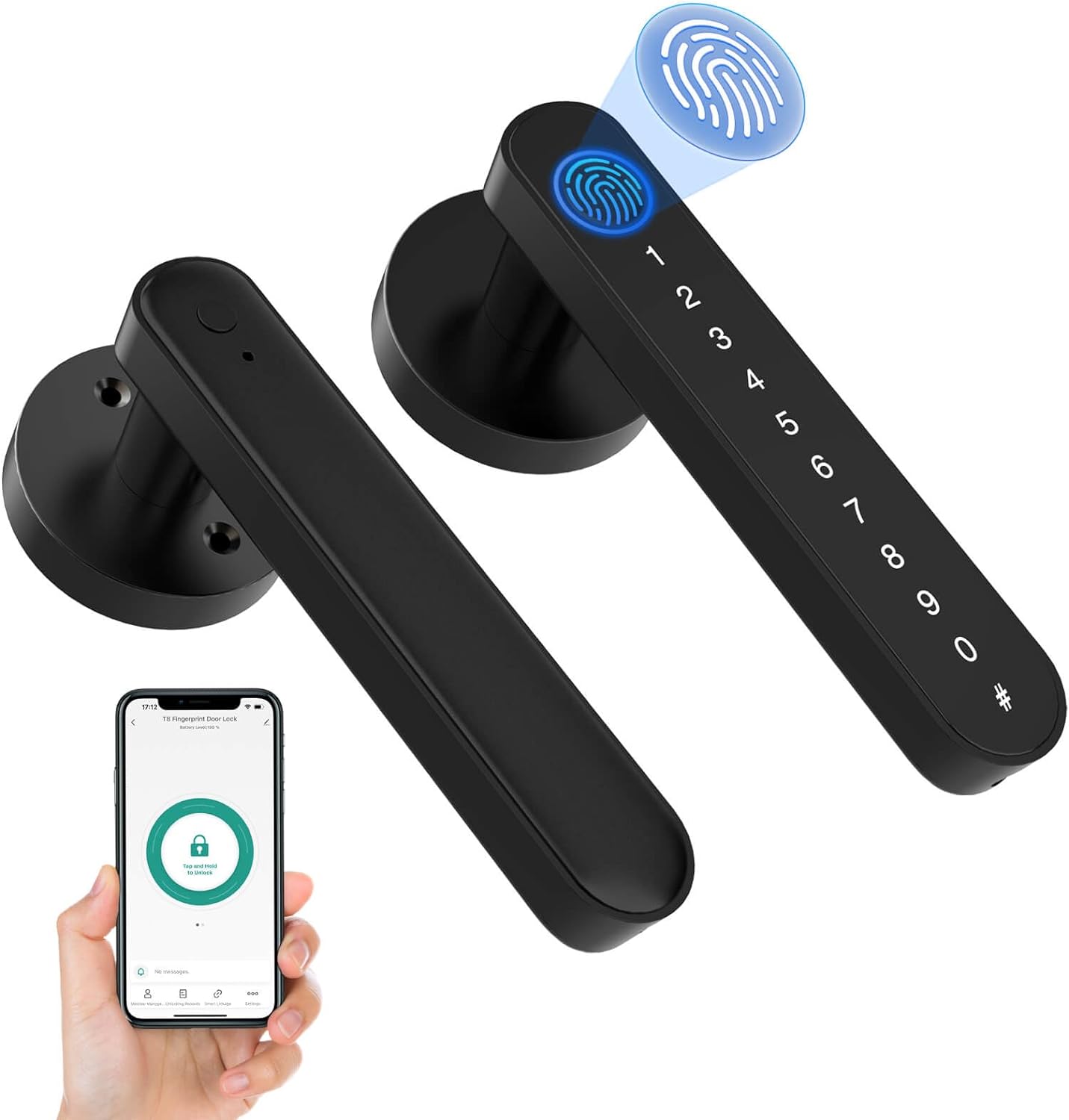 eLinkSmart Fingerprint Door Knob, Keyless Entry Door Lock with Keypad Handle, App Controlled Smart Door Lock Security, Electronic Biometric Code Door Lock for Bedroom Interior Hotel - Black