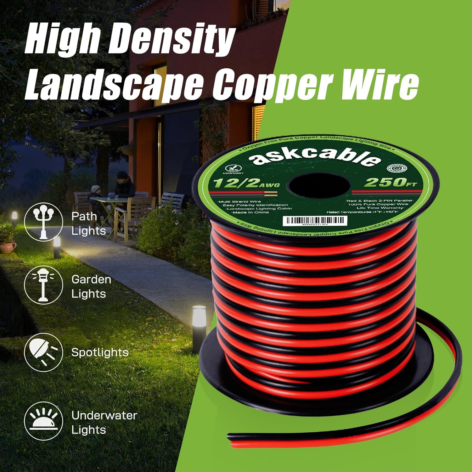 12/2 Low Voltage Landscape Lighting Copper Wire 12 Gauge 250Feet