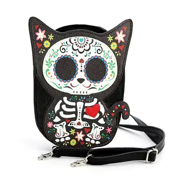 Floral Sugar skull Cat Skeleton Crossbody Bag