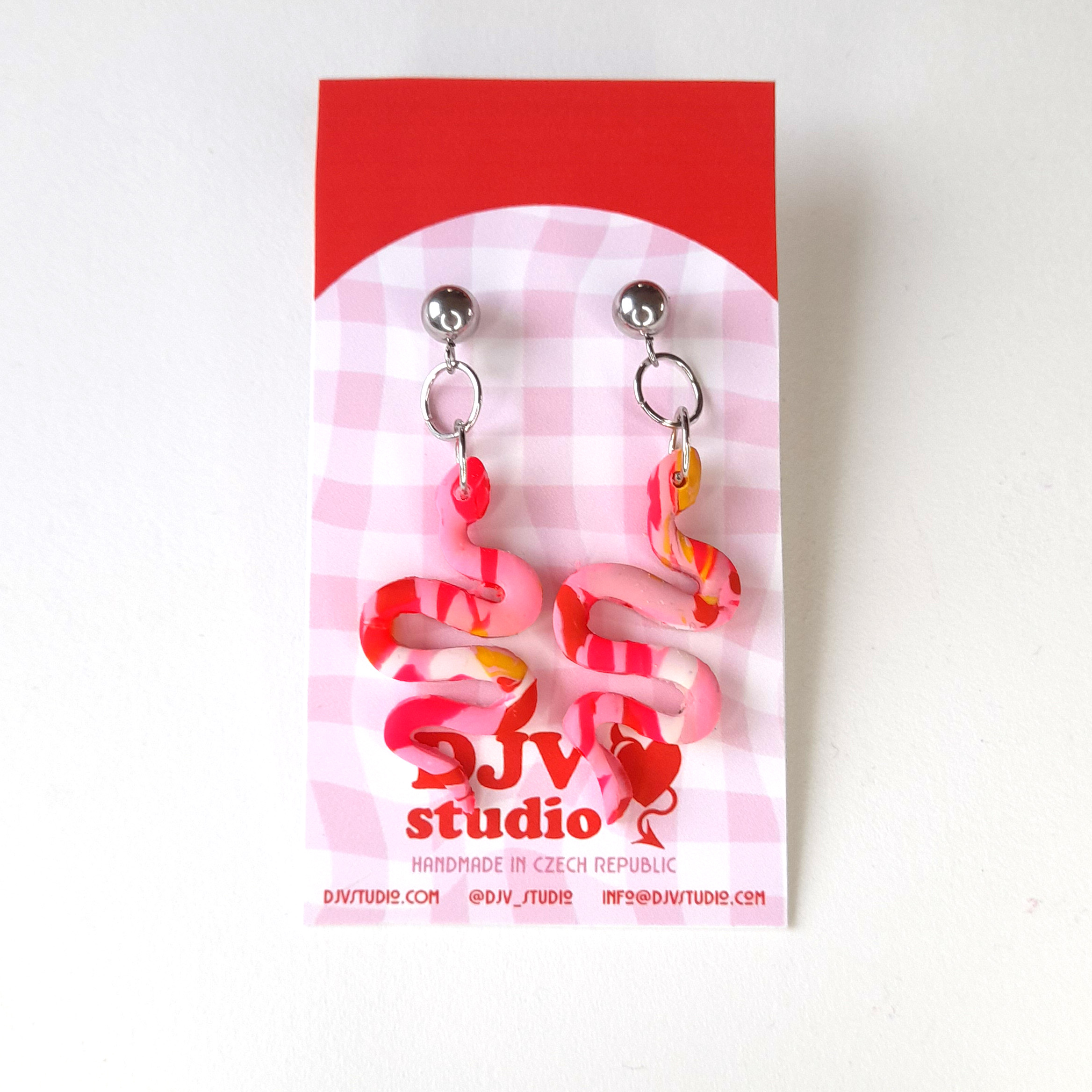 SERPENTIA statement dangles in light pink, hot pink and orange