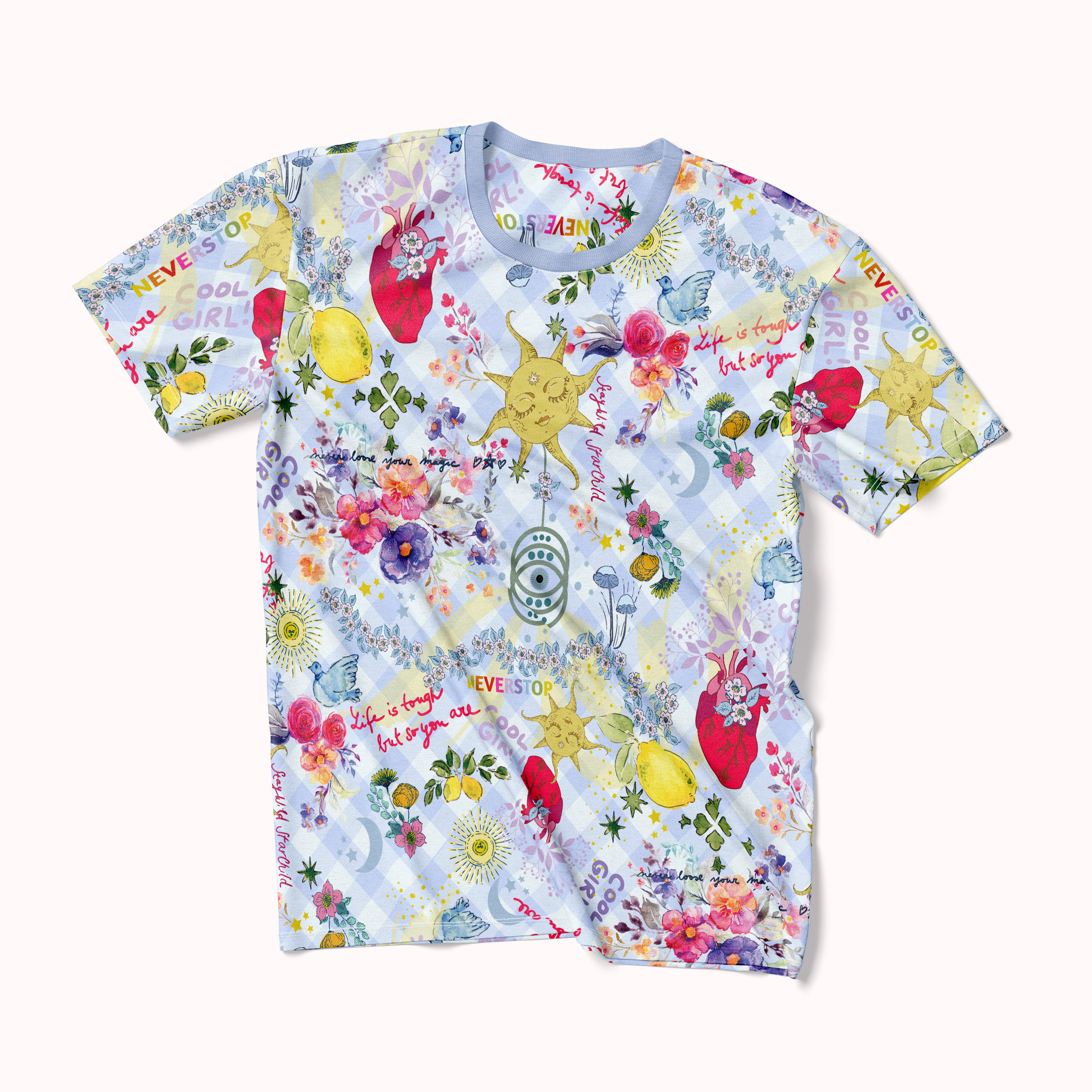 Light Blue Gingham Collage Unisex T-Shirt with Hand-Drawn Elements - Pre-Order