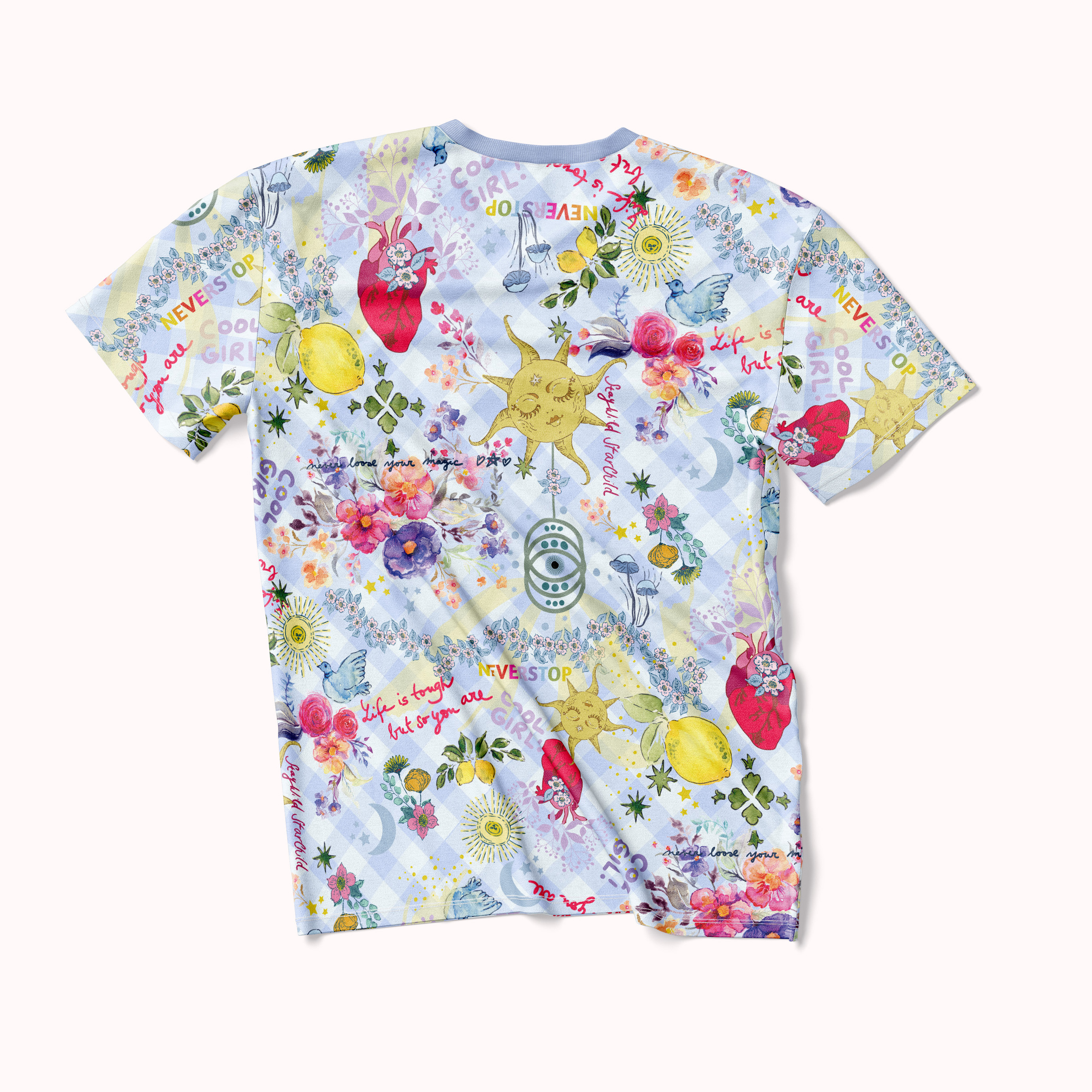 Light Blue Gingham Collage Unisex T-Shirt with Hand-Drawn Elements - Pre-Order