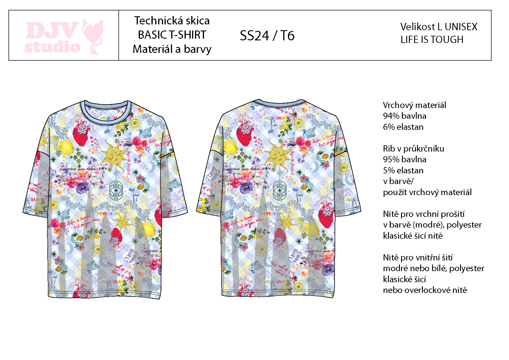 Light Blue Gingham Collage Unisex T-Shirt with Hand-Drawn Elements - Pre-Order