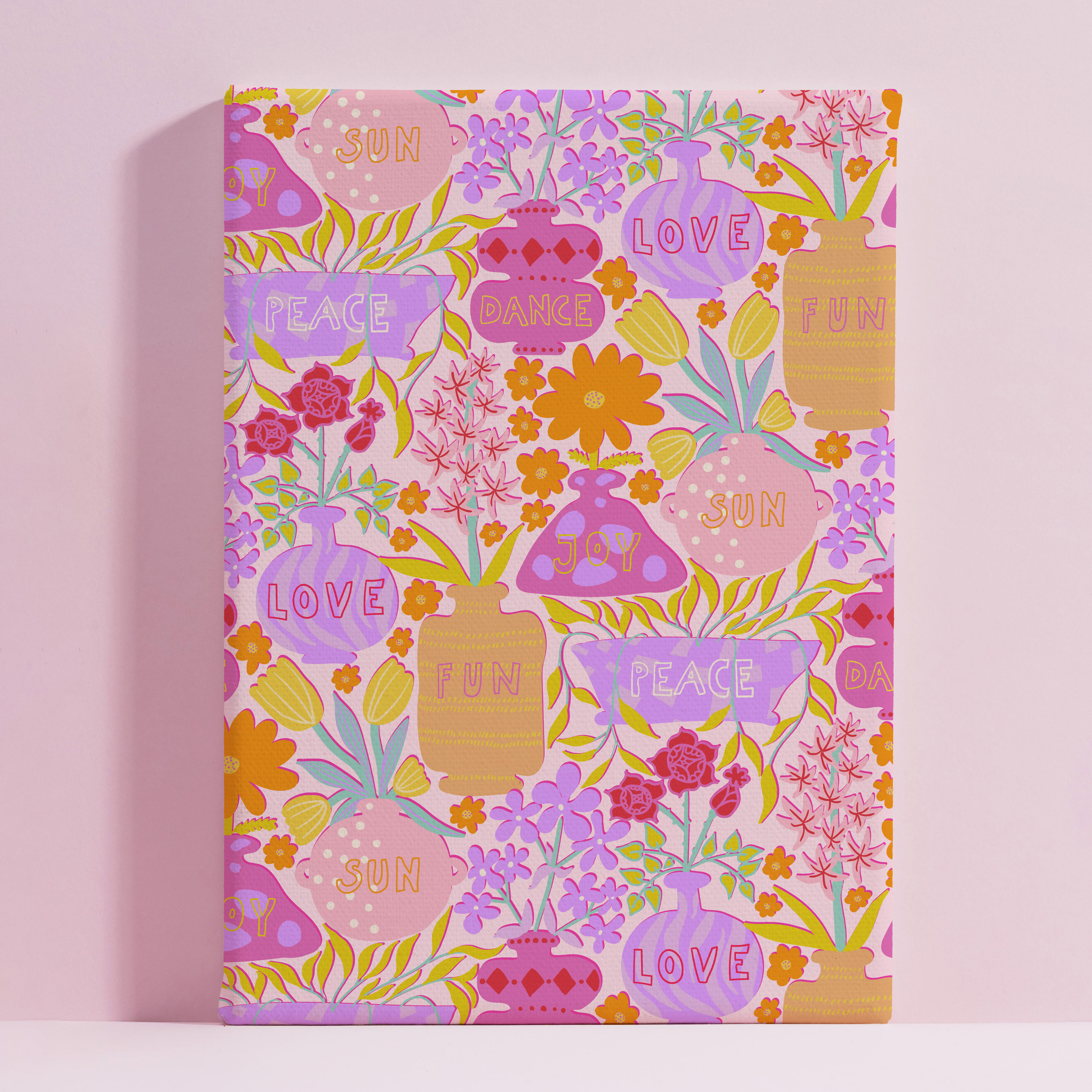 Rainbow Potion Garden – Joyful Floral Art Canvas | Dopamine Print with Vases & Words 60x90 cm