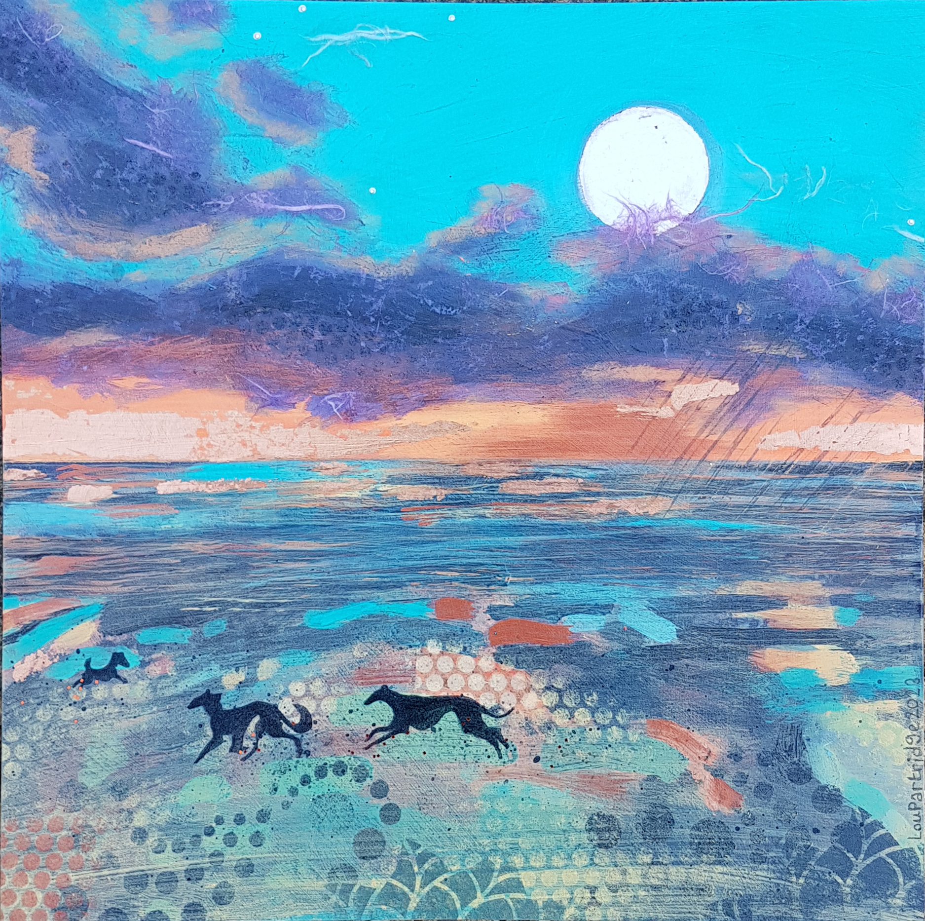 Winter Sunset, Moonrise and Joyful Dogs