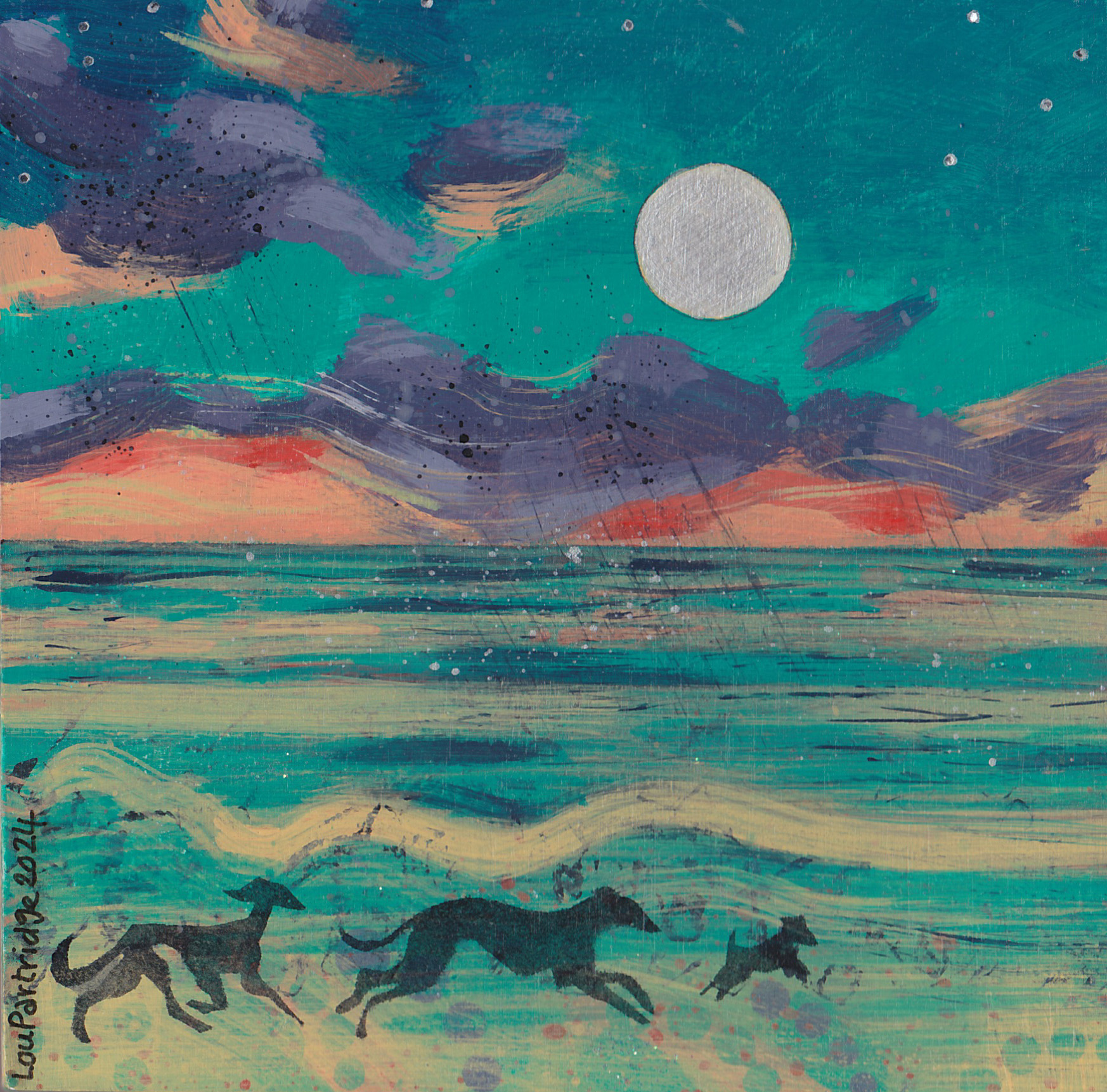 Little Joyful Dogs on Worthing Beach with Moon