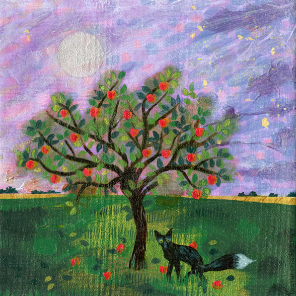 Black Fox in the Apple Orchard Greetings Card