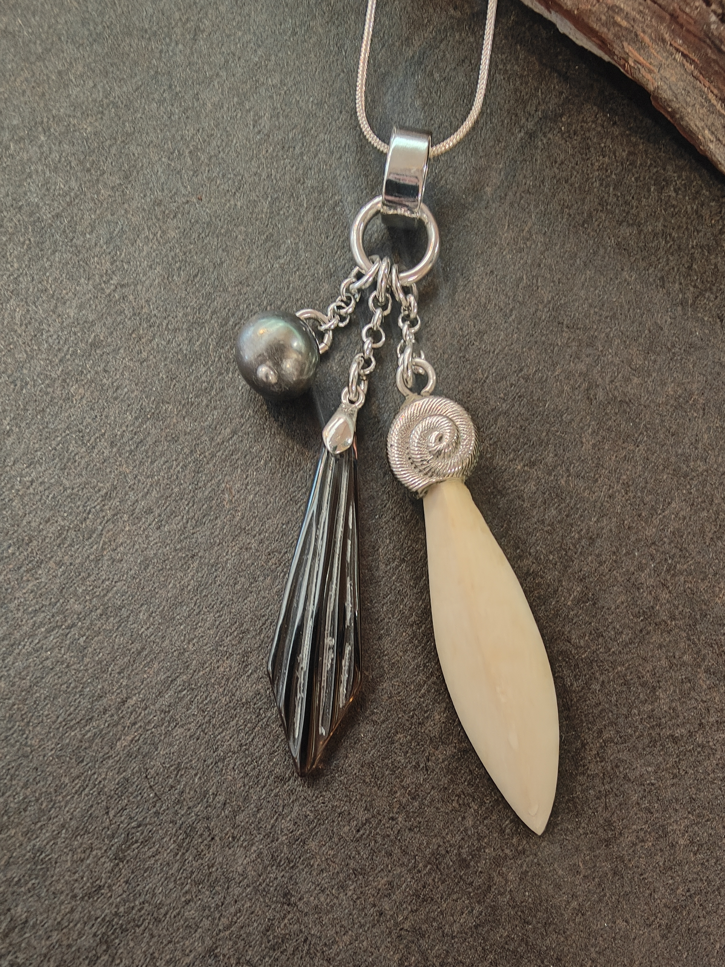 Whalebone, Smokey Quartz and Black pearl necklace
