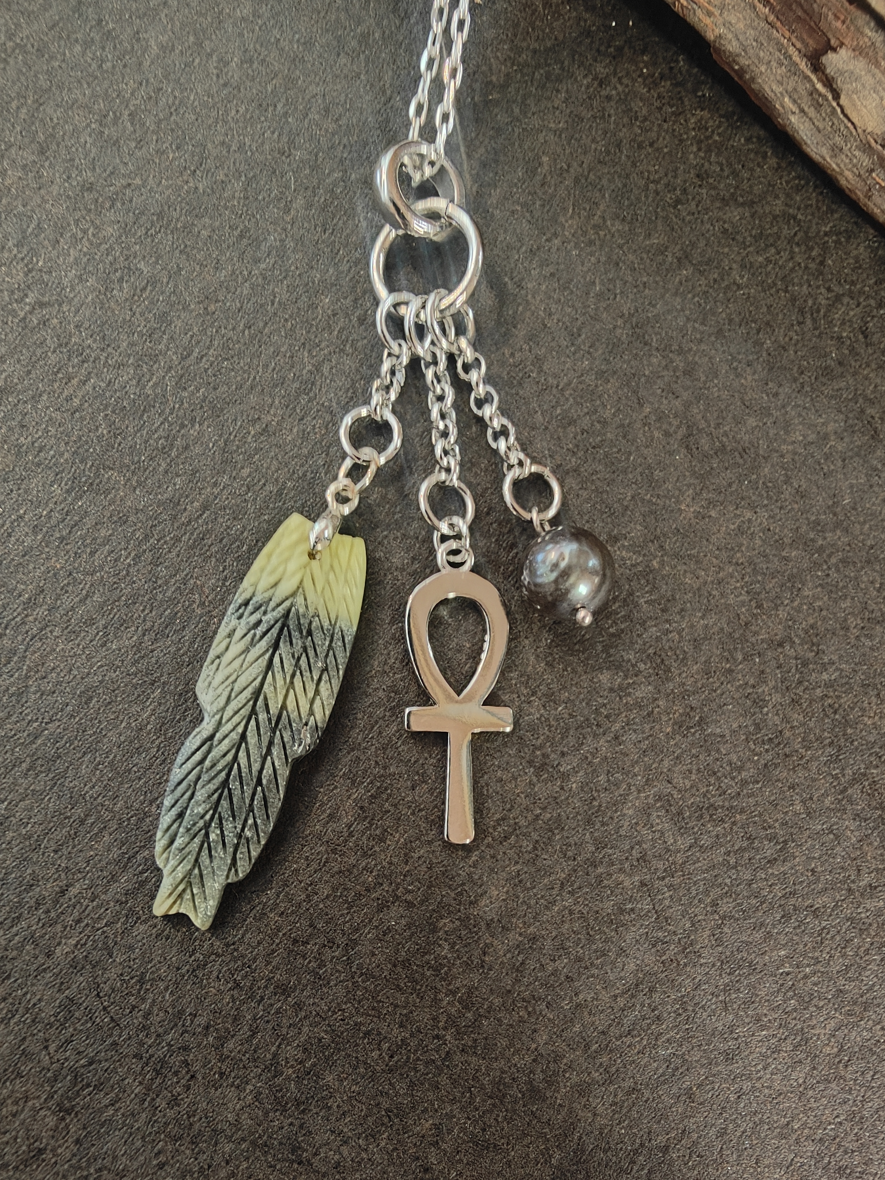 Serpentine, Ankh and Black pearl necklace