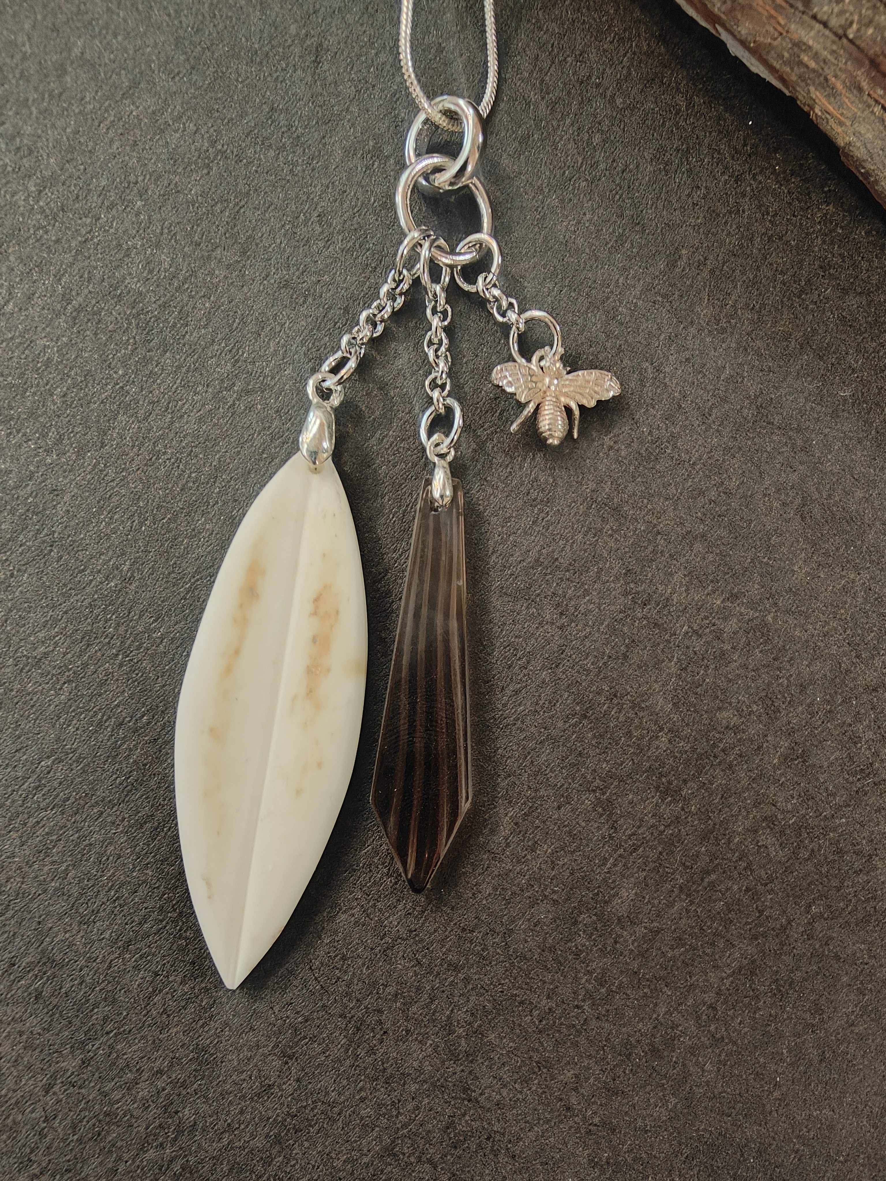 Whalebone,smokey quartz and stirling silver bee necklace