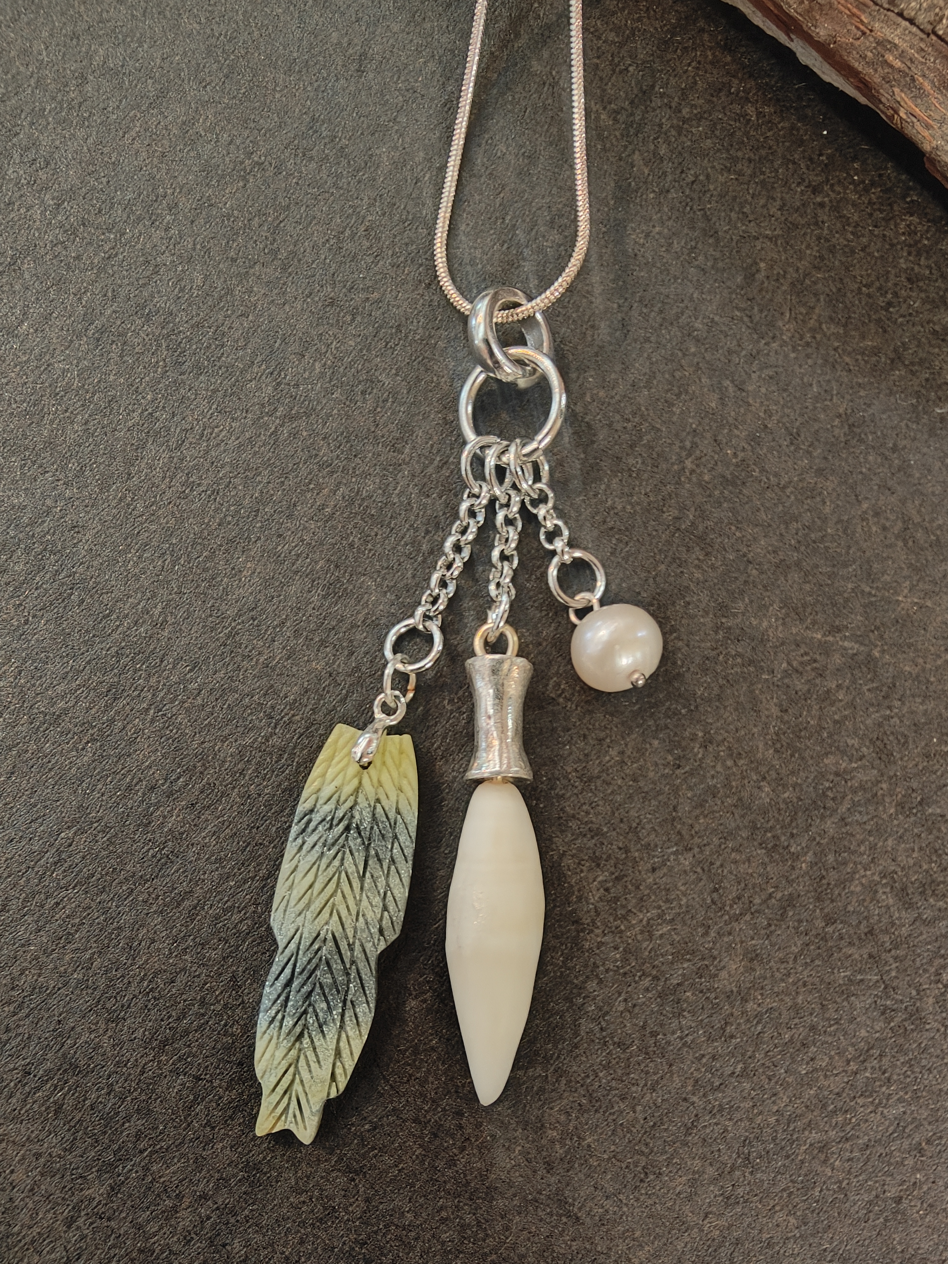 Sepentine, Pilot whale tooth and white pearl necklace