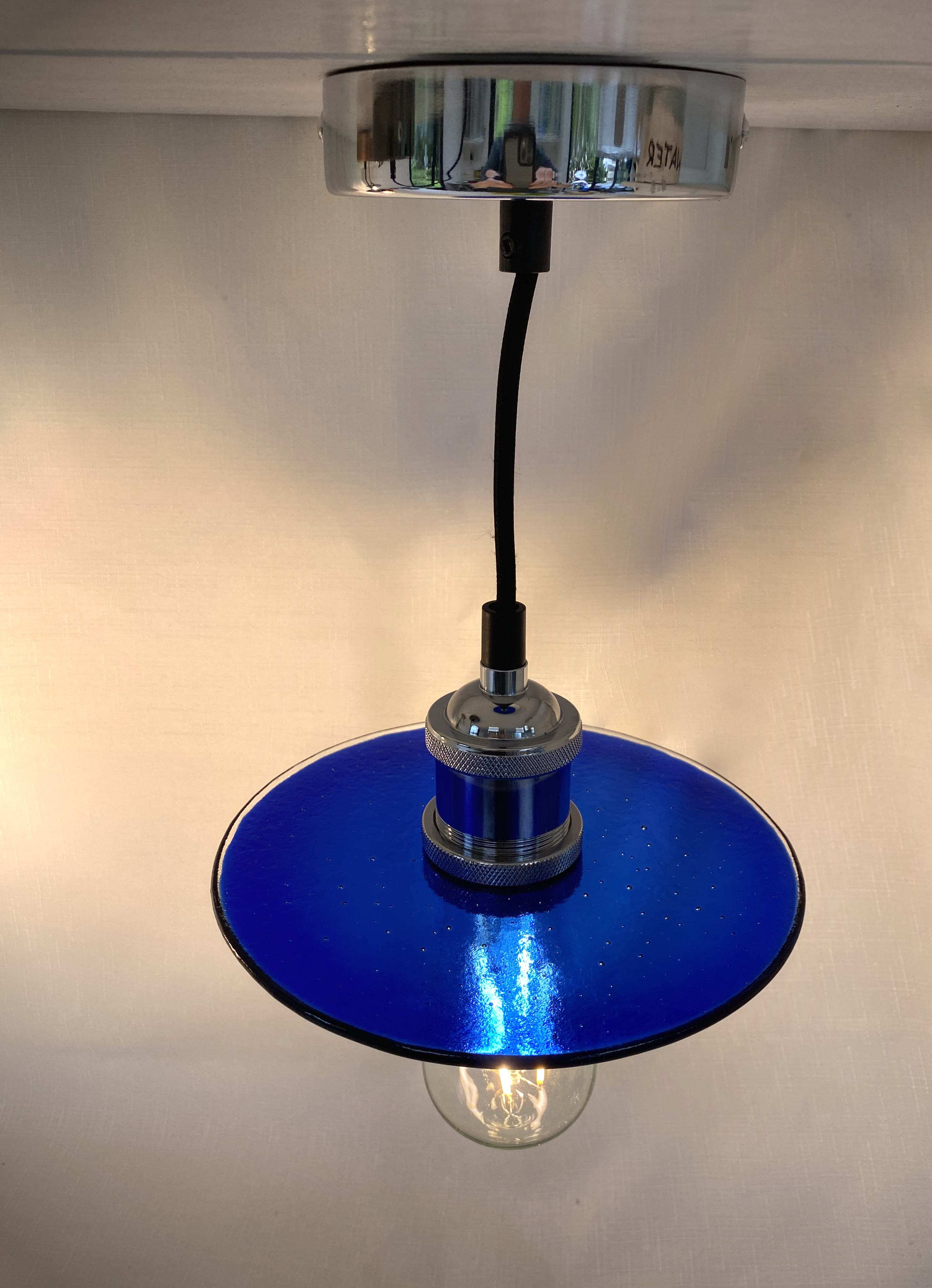 SALE Royal Blue with Clear Halo Glass Lampshade with Pendant Fitting