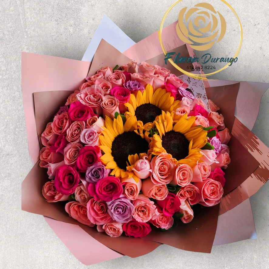 Ramo de 80 rosas con 3 girasoles