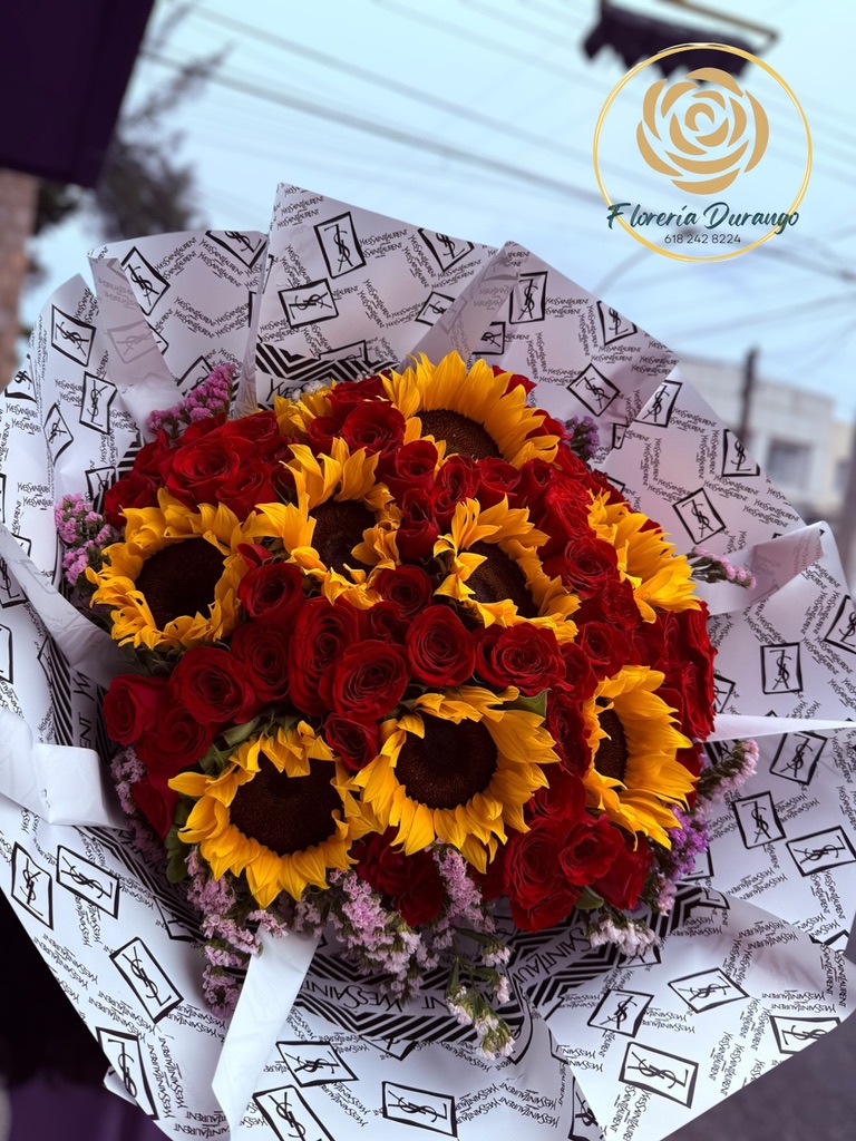 ramo de 10 girasoles con 60 rosas
