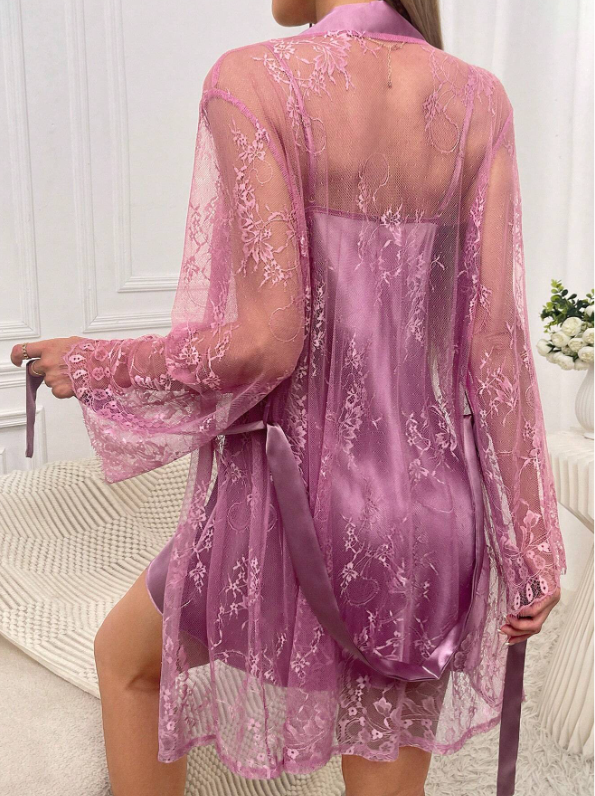 Satin Cami Nightdress Contrast Lace Robe Pajama Set