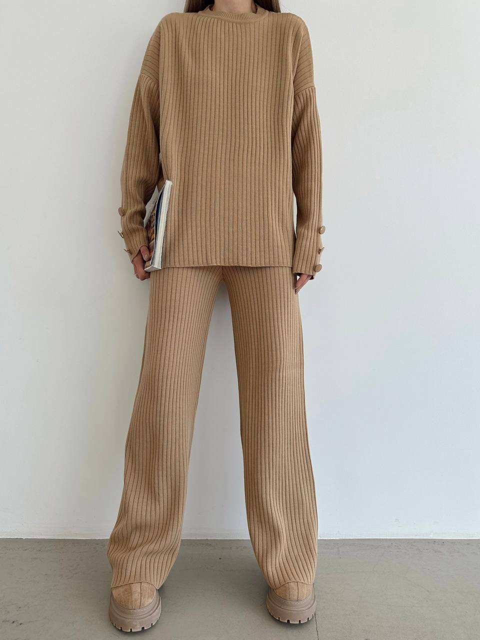 Beige Ribbed Knit Loungewear Set