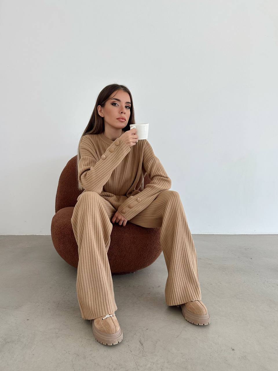 Beige Ribbed Knit Loungewear Set